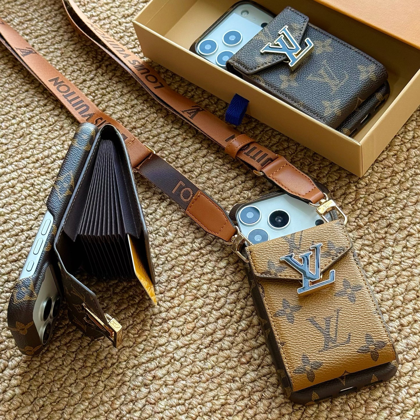 Leather Monogram iPhone Case With Card Holder And Strap For iPhone 17 Series-CYLV029