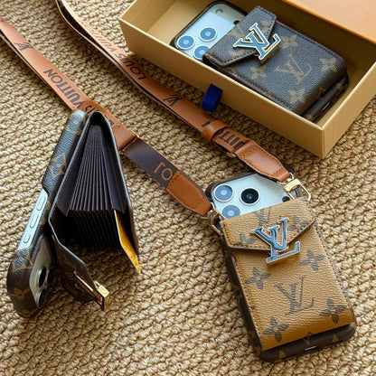 Leather Monogram iPhone Case With Card Holder And Strap For iPhone 17 Series-CYLV029