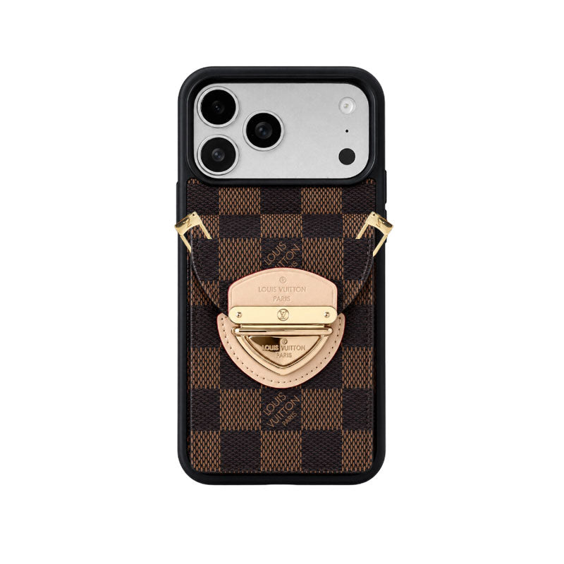 Leather Monogram iPhone Case With Card Holder And Crossbody Strap For iPhone 17 Series-CYLV216