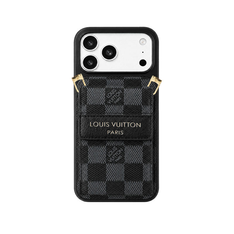 Luxury Leather Monogram iPhone Case With Card Holder And Crossbody Strap For iPhone 17 Series-CYLV214