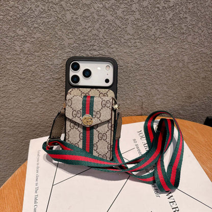 Classic Leather GG iPhone Case With Card Holder And Strap Brown-CFK251106