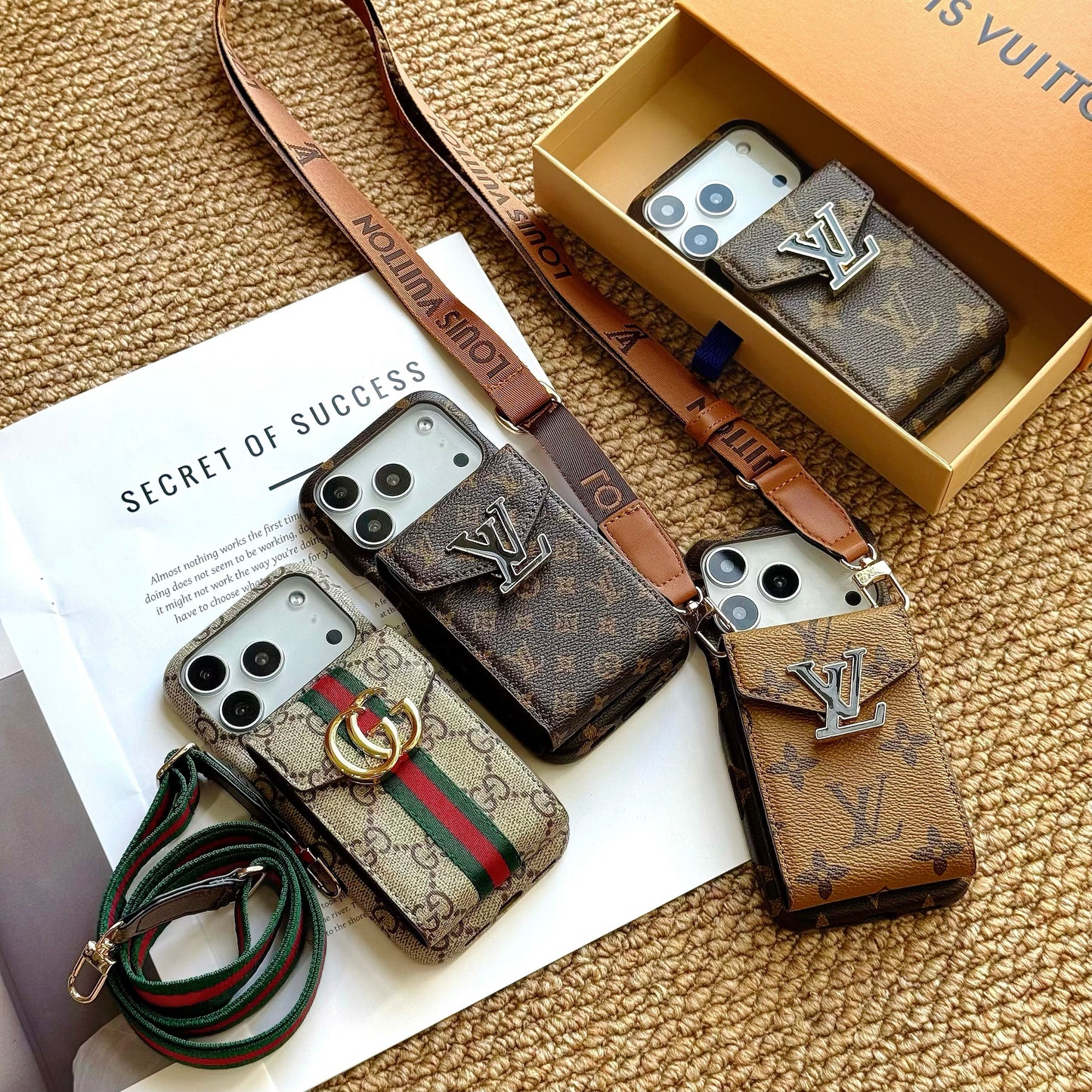 Premium Leather GG iPhone Case With Card Holder And Strap Brown For iPhone 17 Series-CYGG028