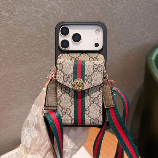 Classic Leather GG iPhone Case With Card Holder And Strap Brown-CFK251106