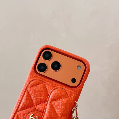 Elegant Leather CC iPhone Case With Wallet And Crossbody Strap Orange For iPhone 17 Series-CYCC030
