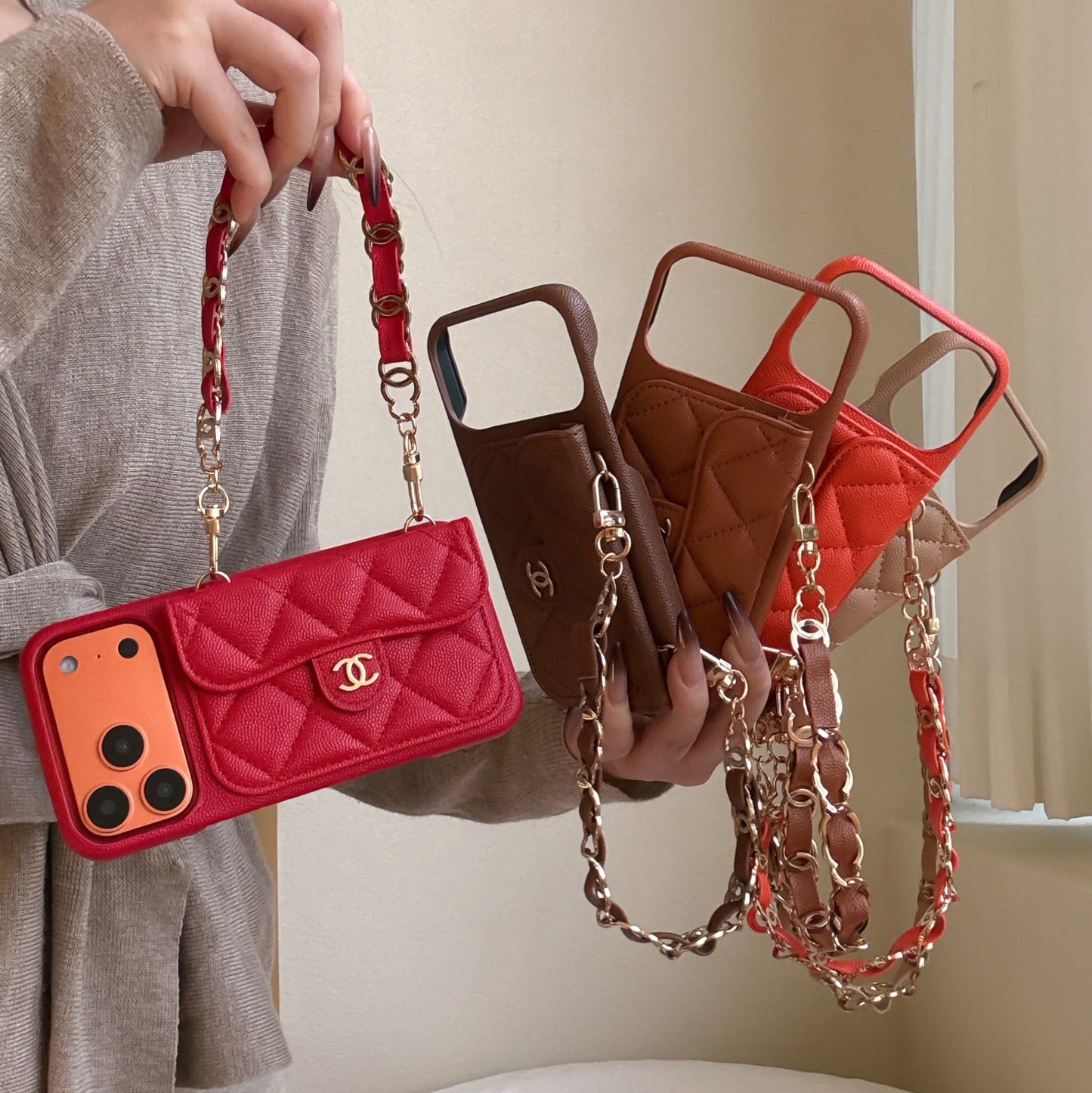 Textured Leather CC iPhone Case With Wallet And Wrist Strap Brown For iPhone 17 Series-CYCC033