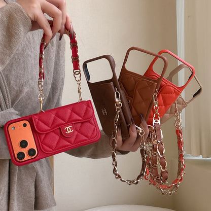 Textured Leather CC iPhone Case With Wallet And Wrist Strap Brown For iPhone 17 Series-CYCC033