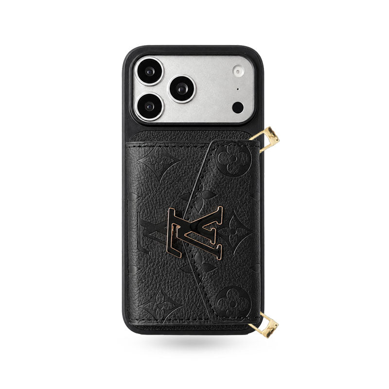 Premium Leather Monogram iPhone Case With  Card Holder And Crossbody Strap For iPhone 17 Series-CYLV215