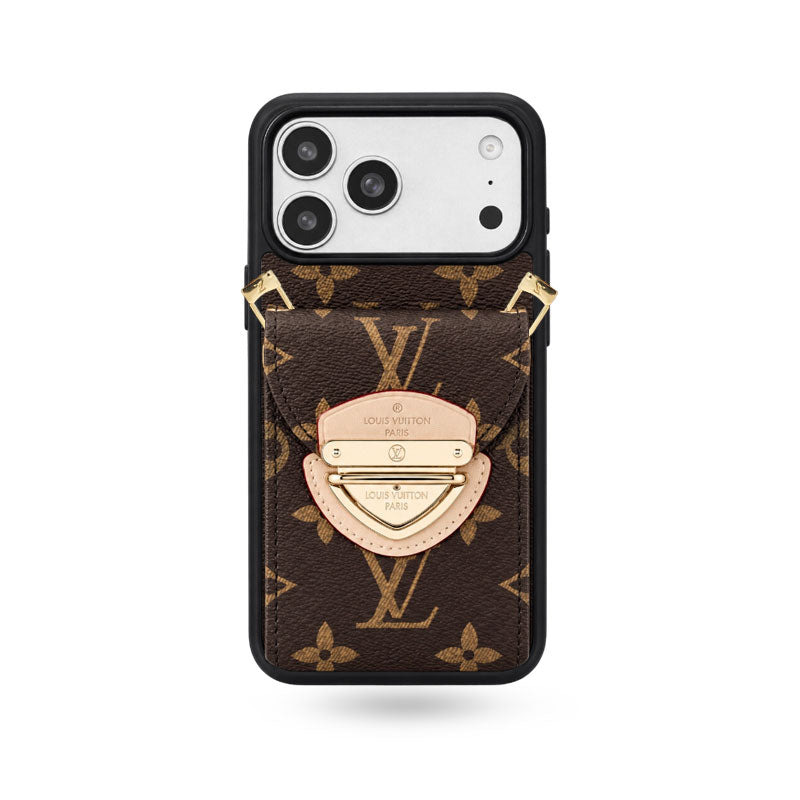 Leather Monogram iPhone Case With Card Holder And Crossbody Strap For iPhone 17 Series-CYLV216