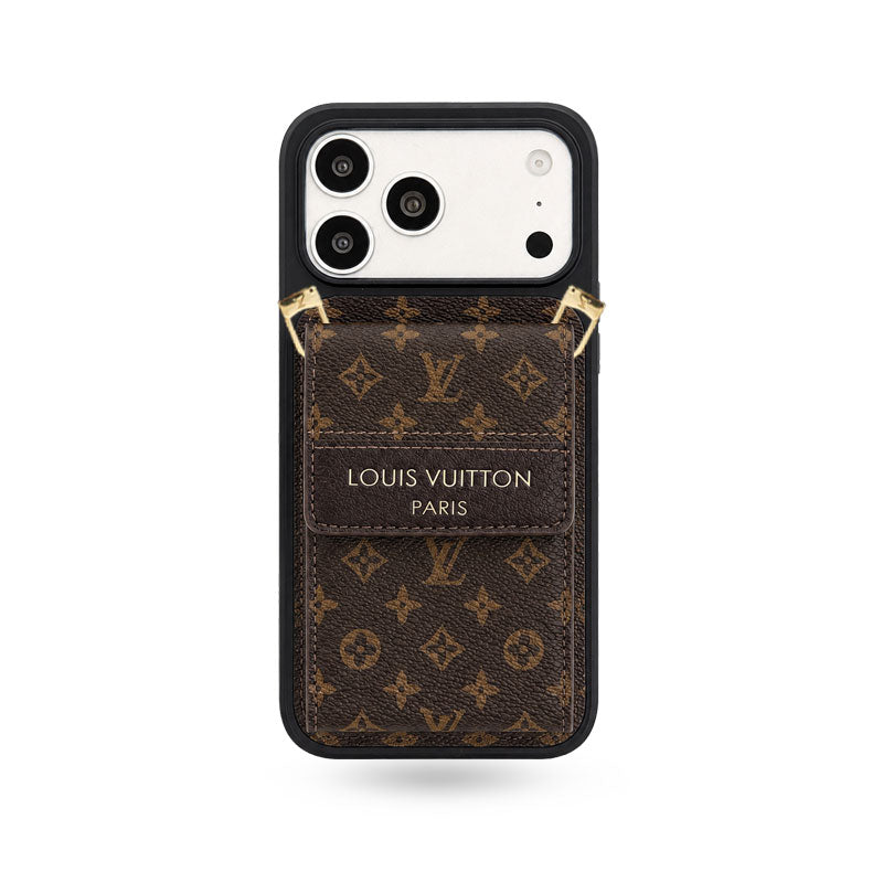Luxury Leather Monogram iPhone Case With Card Holder And Crossbody Strap For iPhone 17 Series-CYLV214