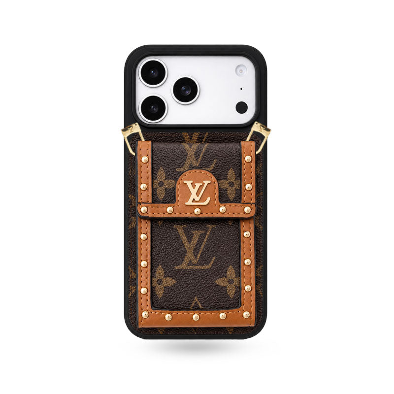 Premium Leather Monogram iPhone Case With Card Holder And Crossbody Strap For iPhone 17 Series-CYLV211