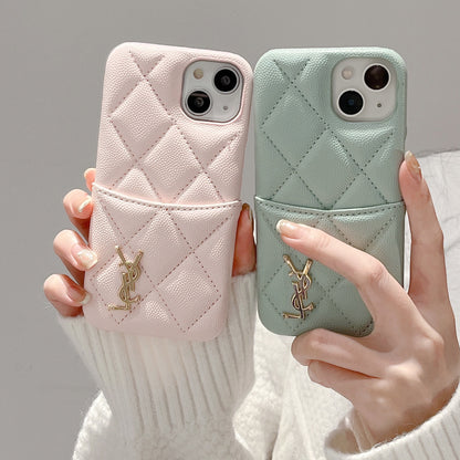 Leather YL iPhone Case With Card Holder Case Pink-LZW240606