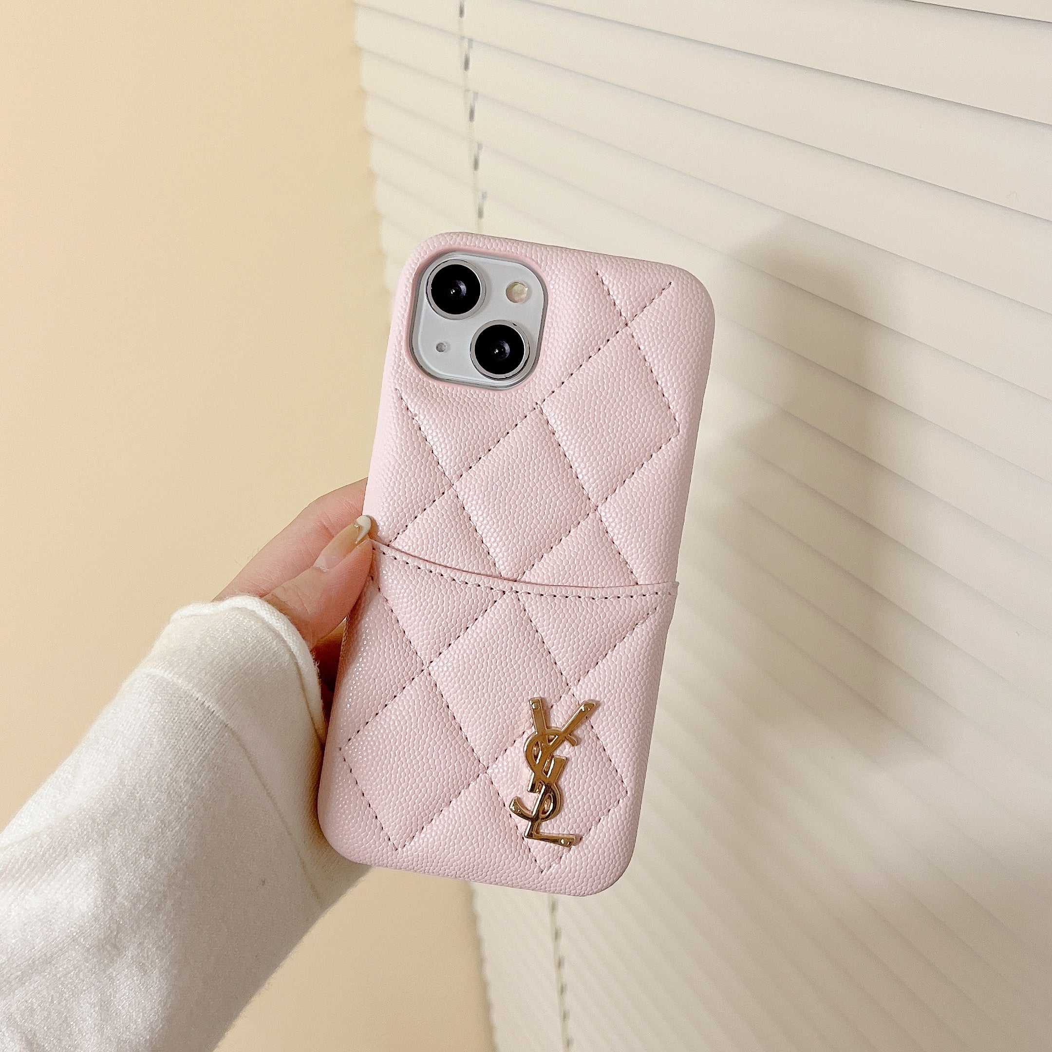 Leather YL iPhone Case With Card Holder Case Pink-LZW240606