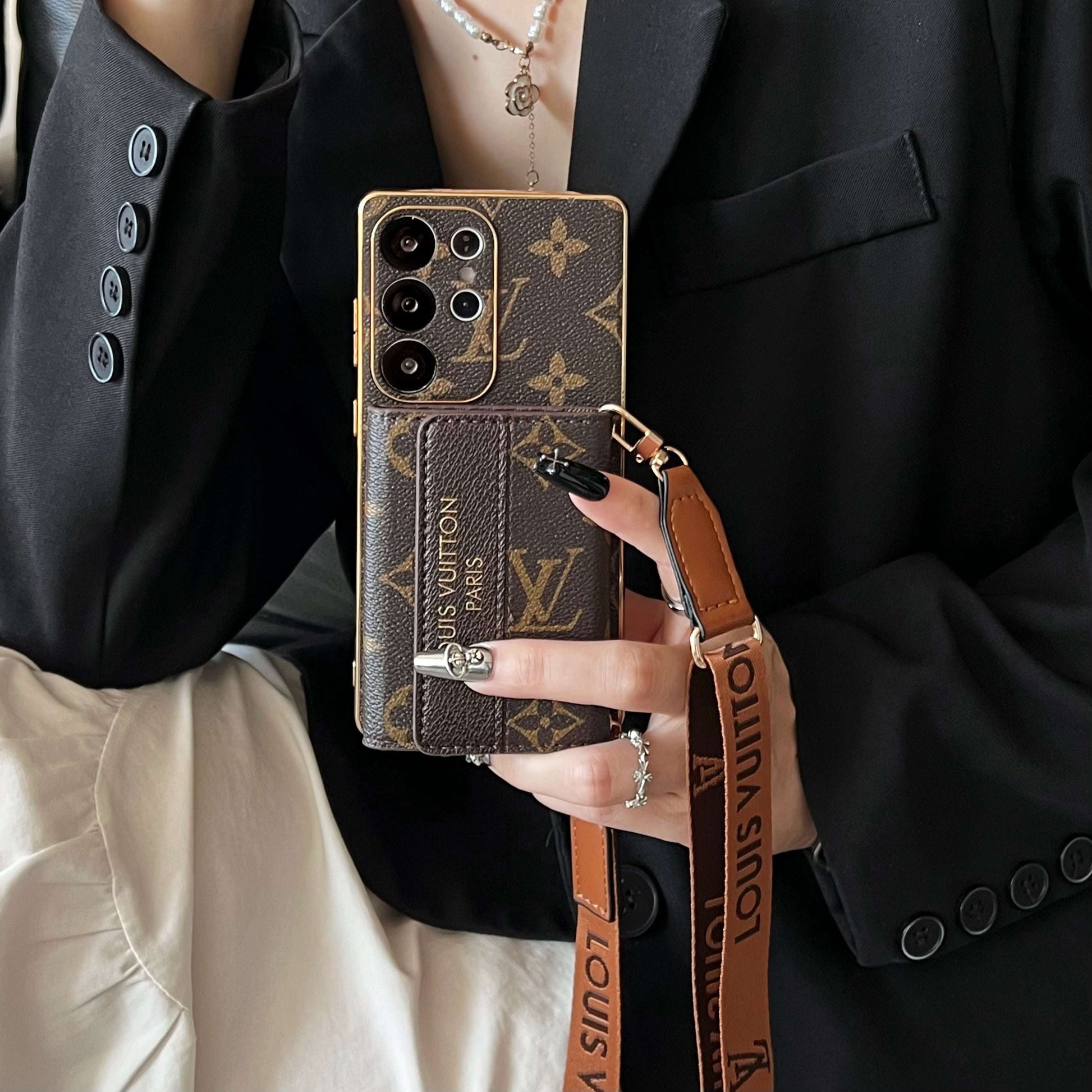 Leather Monogram Samsung Galaxy S Series Case With Wallet And Crossbody Strap-CYLV094