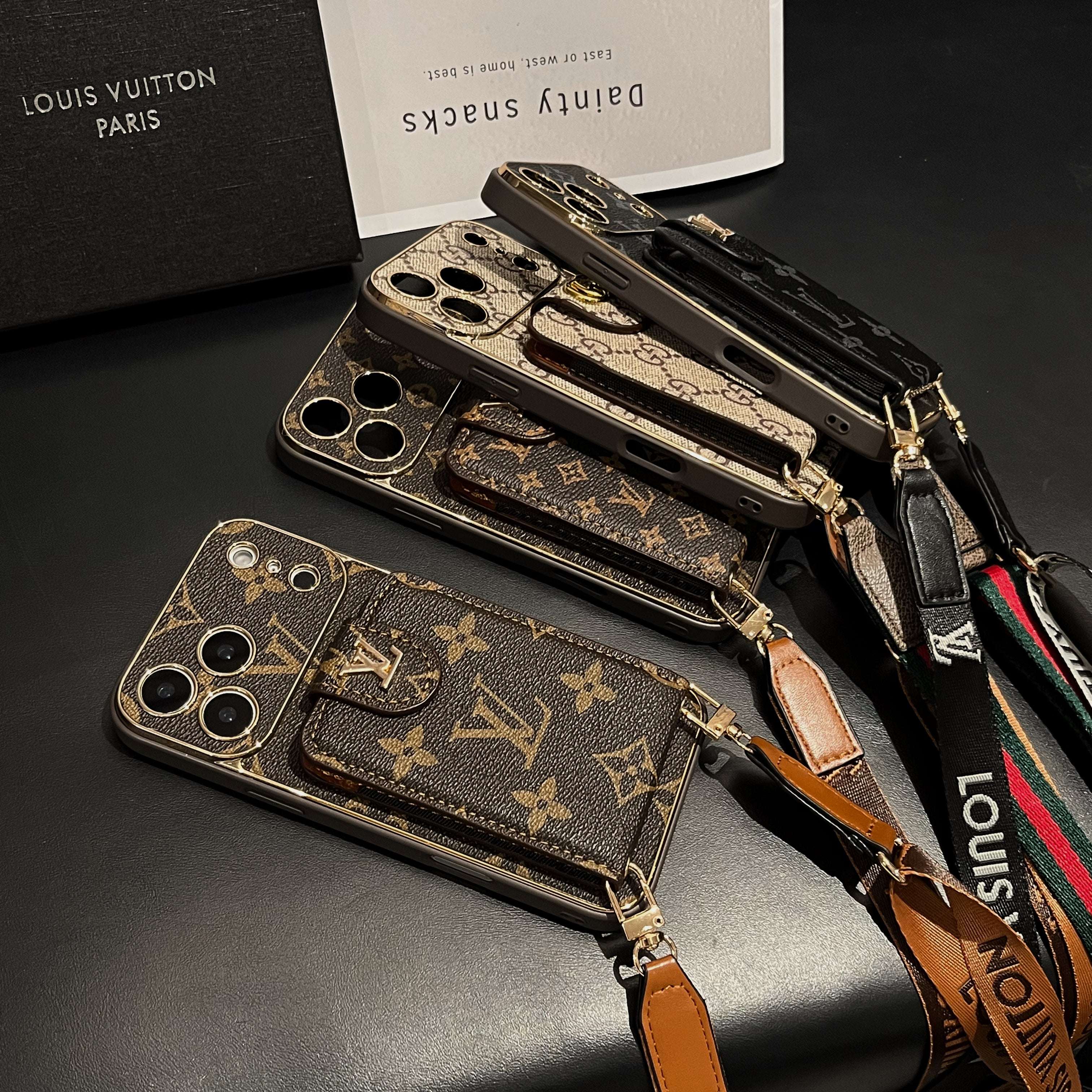 Elegant Leather Monogram iPhone Case With Card Holder And Strap For iPhone 17 Series-CYLV007