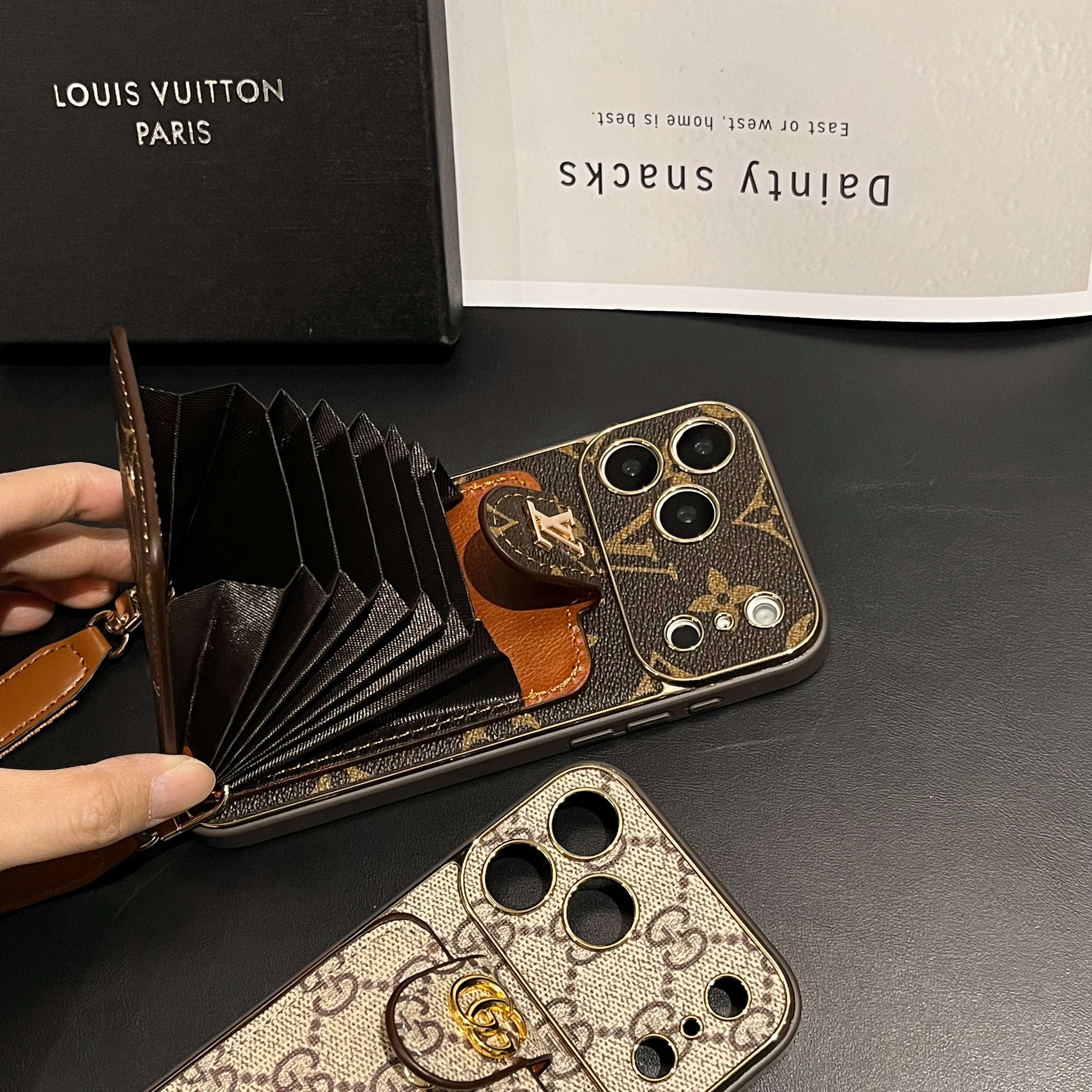 Elegant Leather Monogram iPhone Case With Card Holder And Strap For iPhone 17 Series-CYLV007