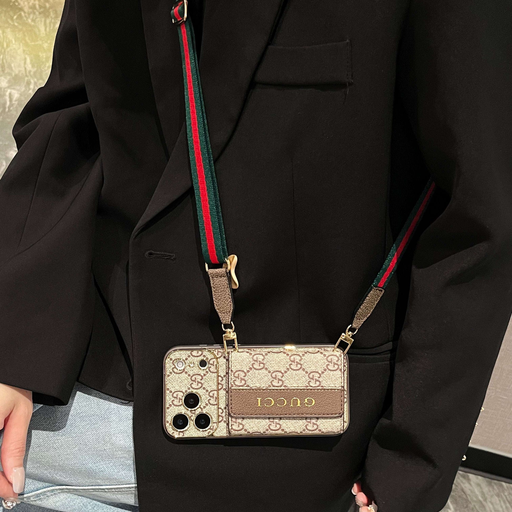 Refined GG iPhone Case With Wallet And Crossbody Strap For iPhone 17 Series-CYGG008