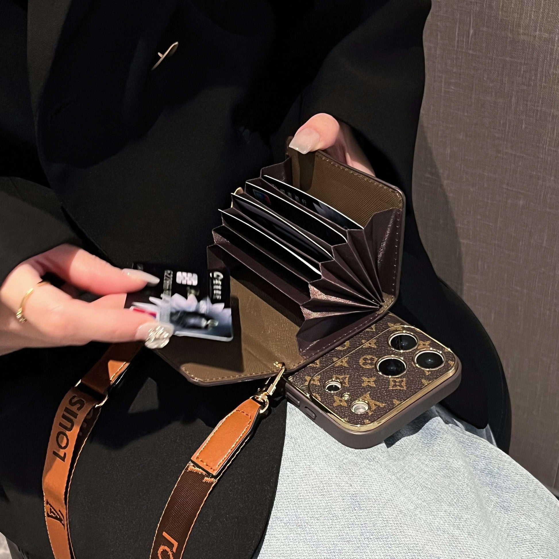 Refined GG iPhone Case With Wallet And Crossbody Strap For iPhone 17 Series-CYGG008
