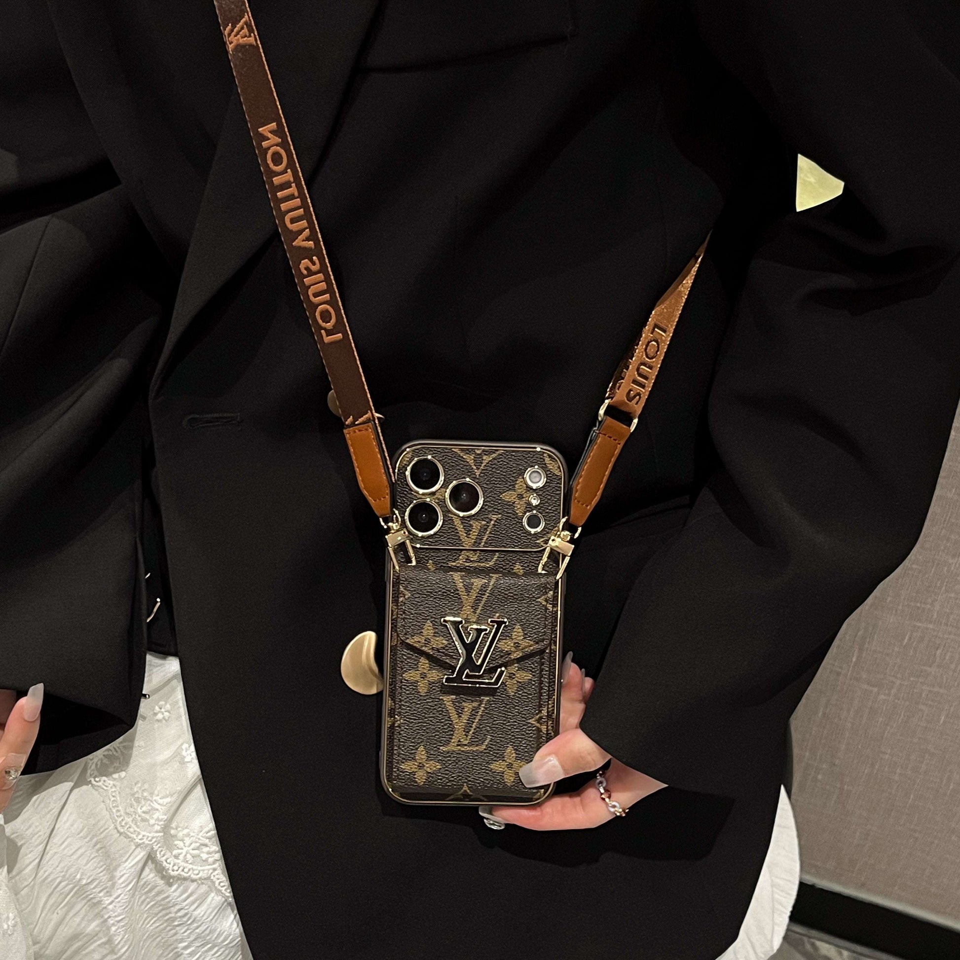 Leather Monogram iPhone Case With Card Holder And Strap For iPhone 17 Series-CYLV004