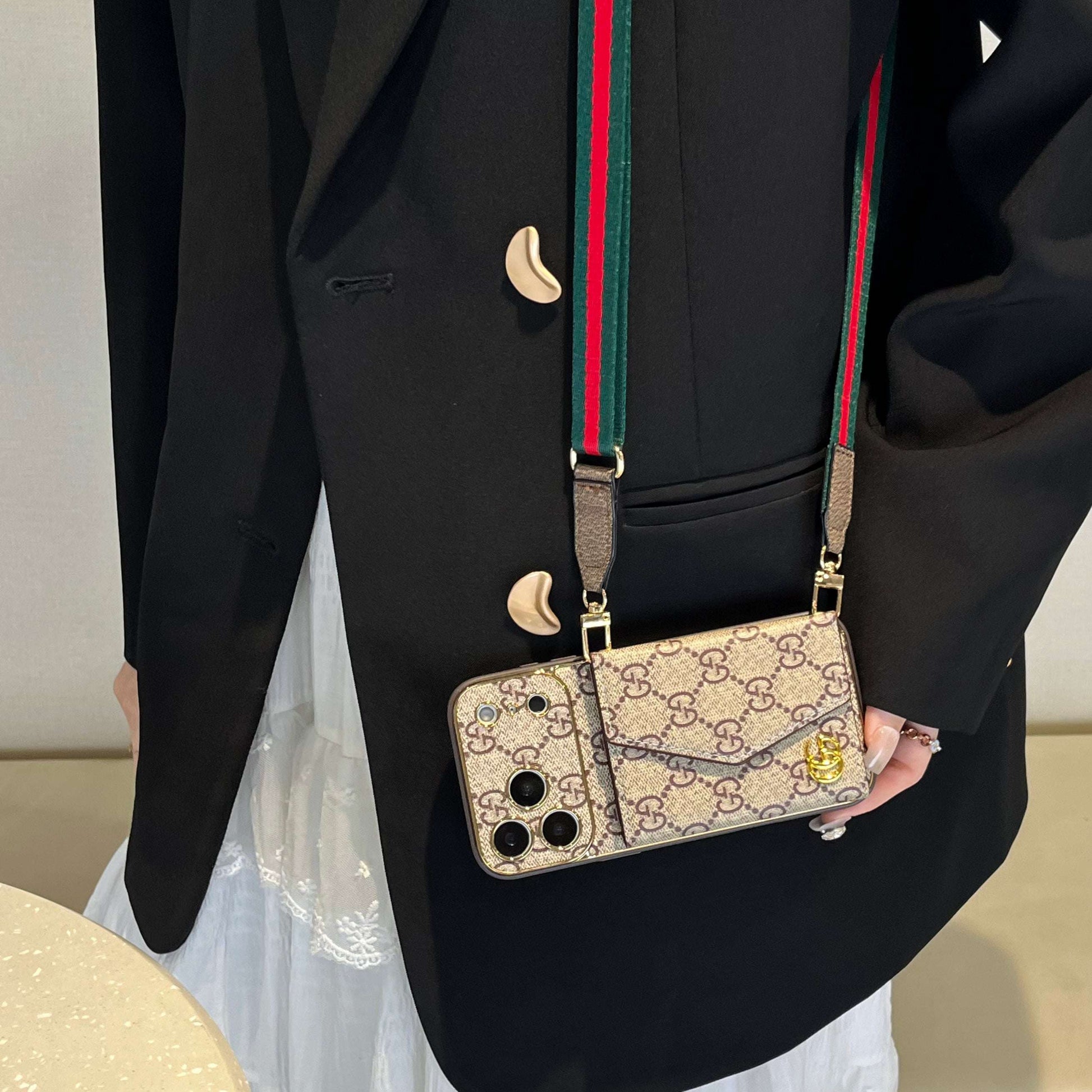 Premium GG iPhone Case With Wallet And Crossbody Strap For iPhone 17 Series-CYGG003