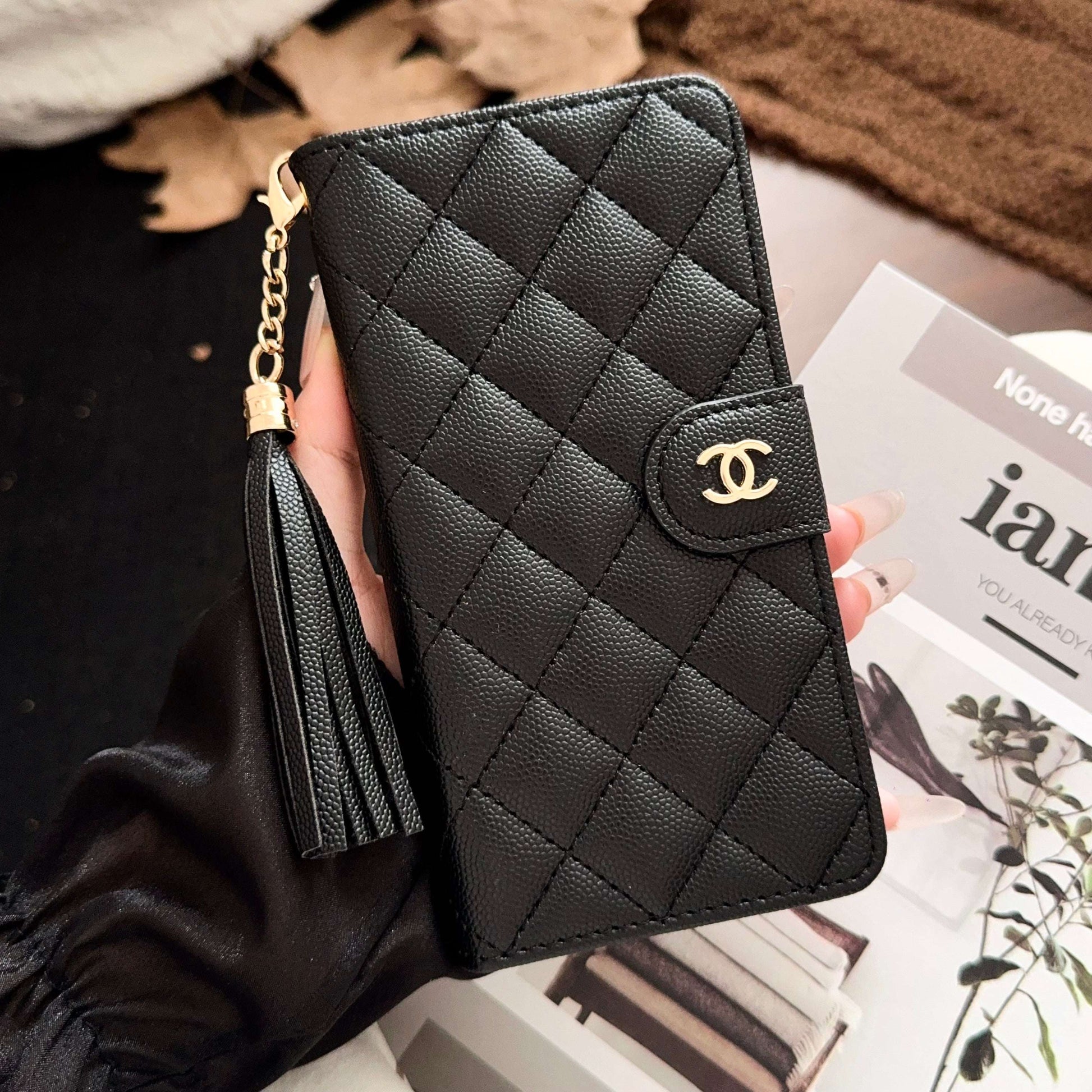 Luxury CC iPhone Case With Flip Wallet Black For iPhone 17 Series-CYCC010