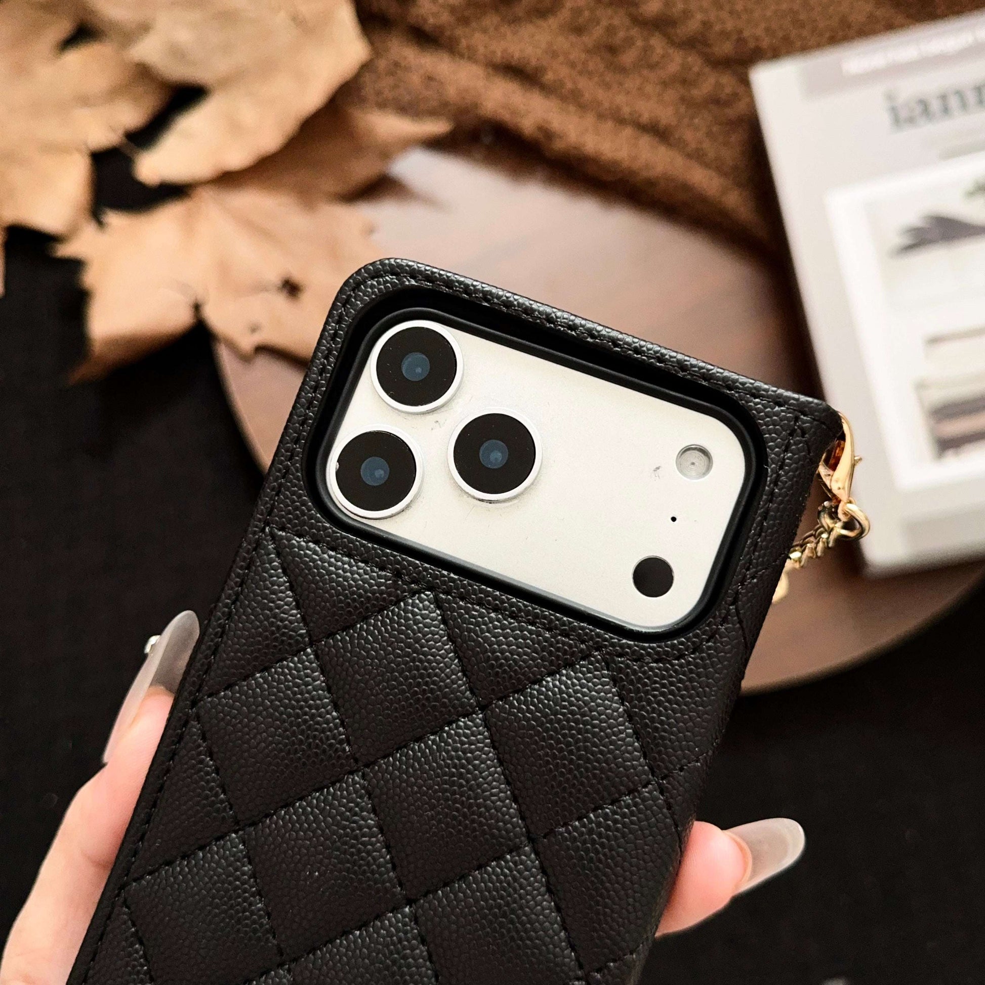 Luxury CC iPhone Case With Flip Wallet Black For iPhone 17 Series-CYCC010