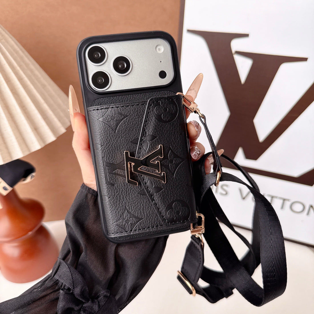 Premium Leather Monogram iPhone Case With  Card Holder And Crossbody Strap For iPhone 17 Series-CYLV215