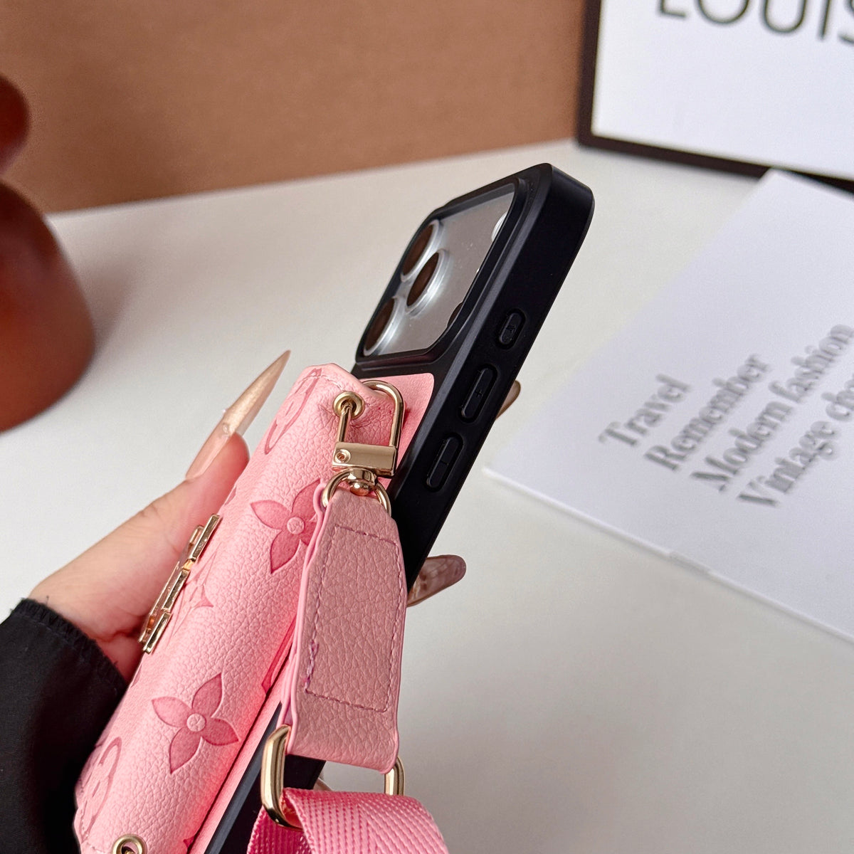 Premium Leather Monogram iPhone Case With  Card Holder And Crossbody Strap For iPhone 17 Series-CYLV215