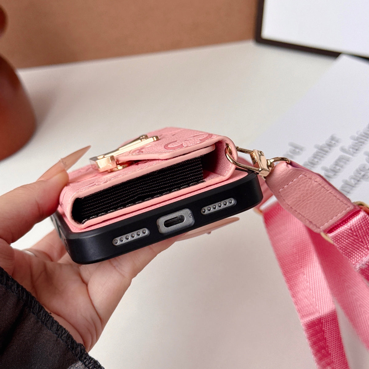 Premium Leather Monogram iPhone Case With  Card Holder And Crossbody Strap For iPhone 17 Series-CYLV215