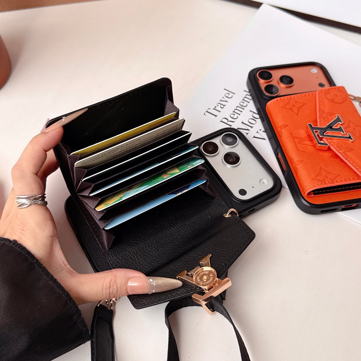 Premium Leather Monogram iPhone Case With  Card Holder And Crossbody Strap For iPhone 17 Series-CYLV215