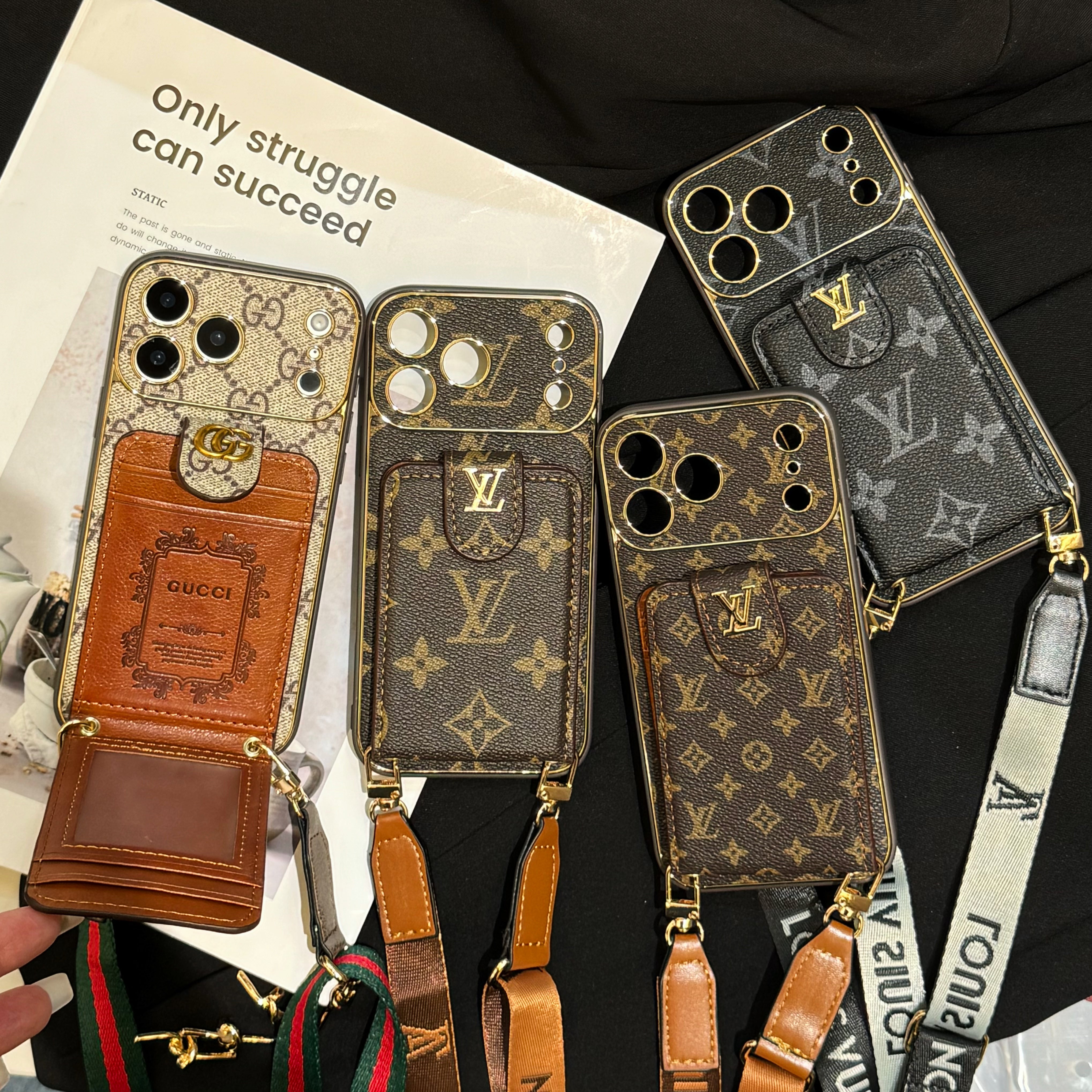 Classic  Leather GG iPhone Case With Card Wallet And Strap For iPhone 17 Series-CYGG142