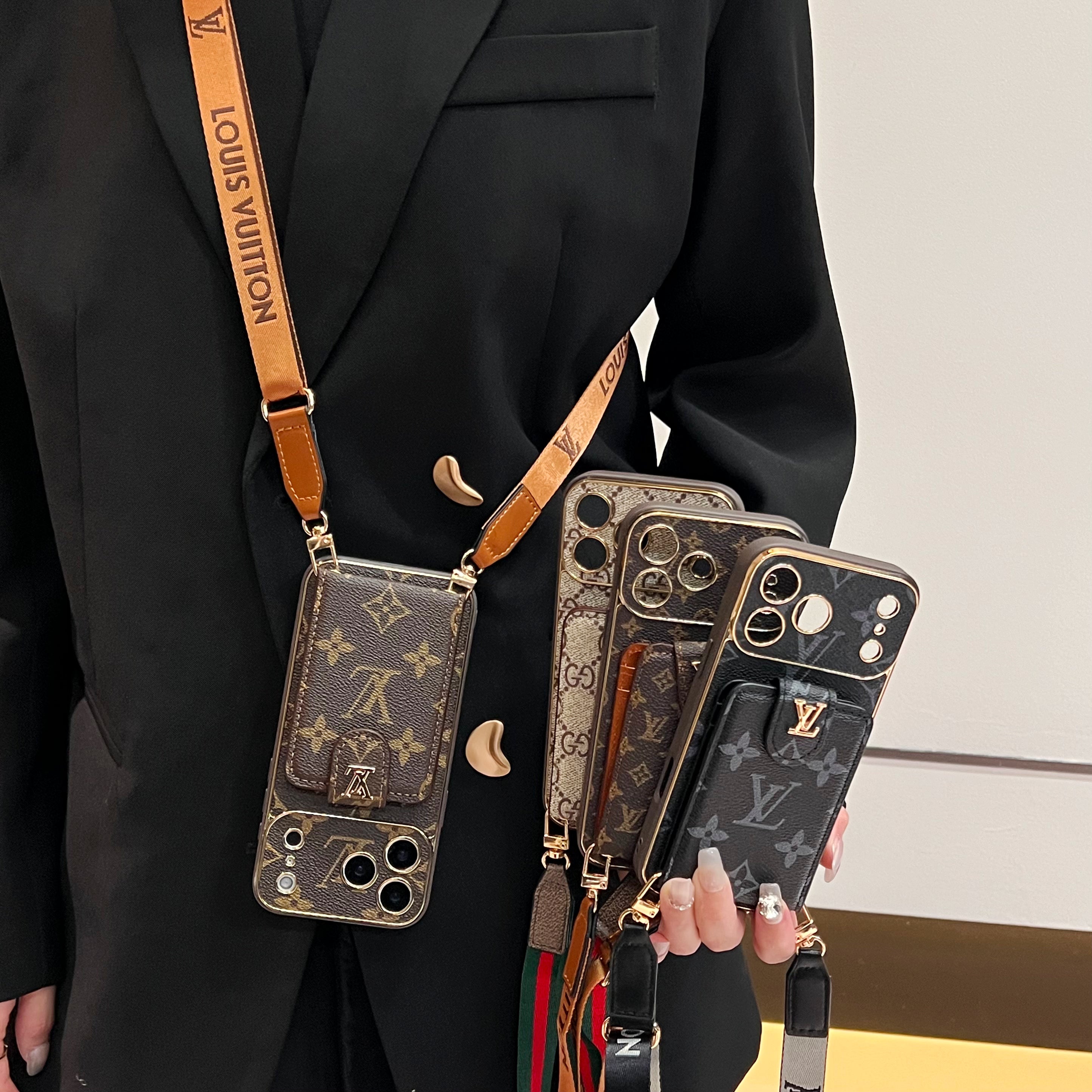 Luxury  Leather Monogram iPhone Case With Card Wallet And Crossbody Strap For iPhone 17 Series-CYLV143