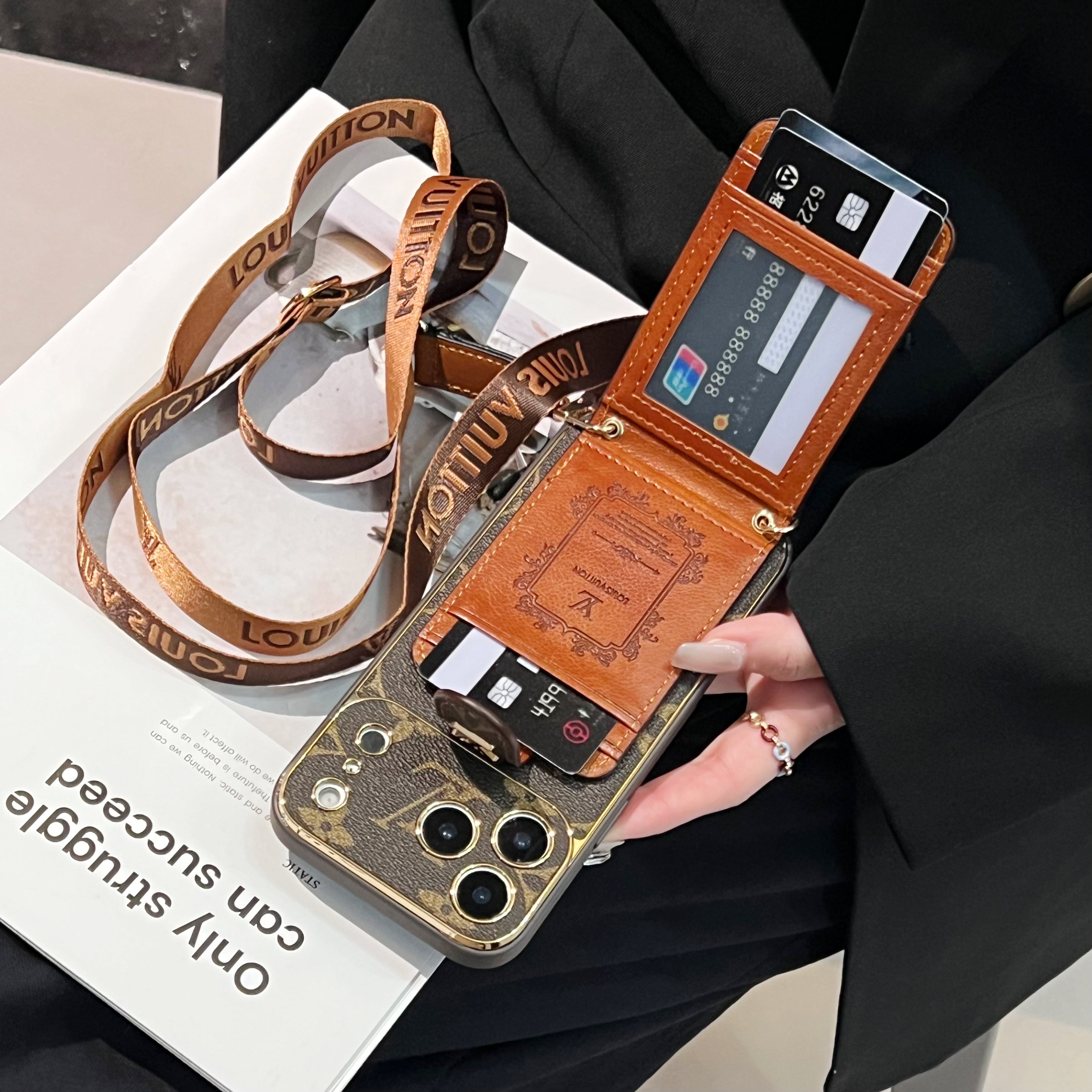 Classic  Leather GG iPhone Case With Card Wallet And Strap For iPhone 17 Series-CYGG142