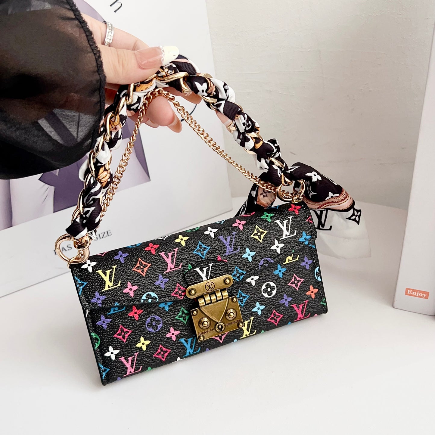 Premium Leather Folio Monogram iPhone Case With Wallet And Strap-CFMTY11