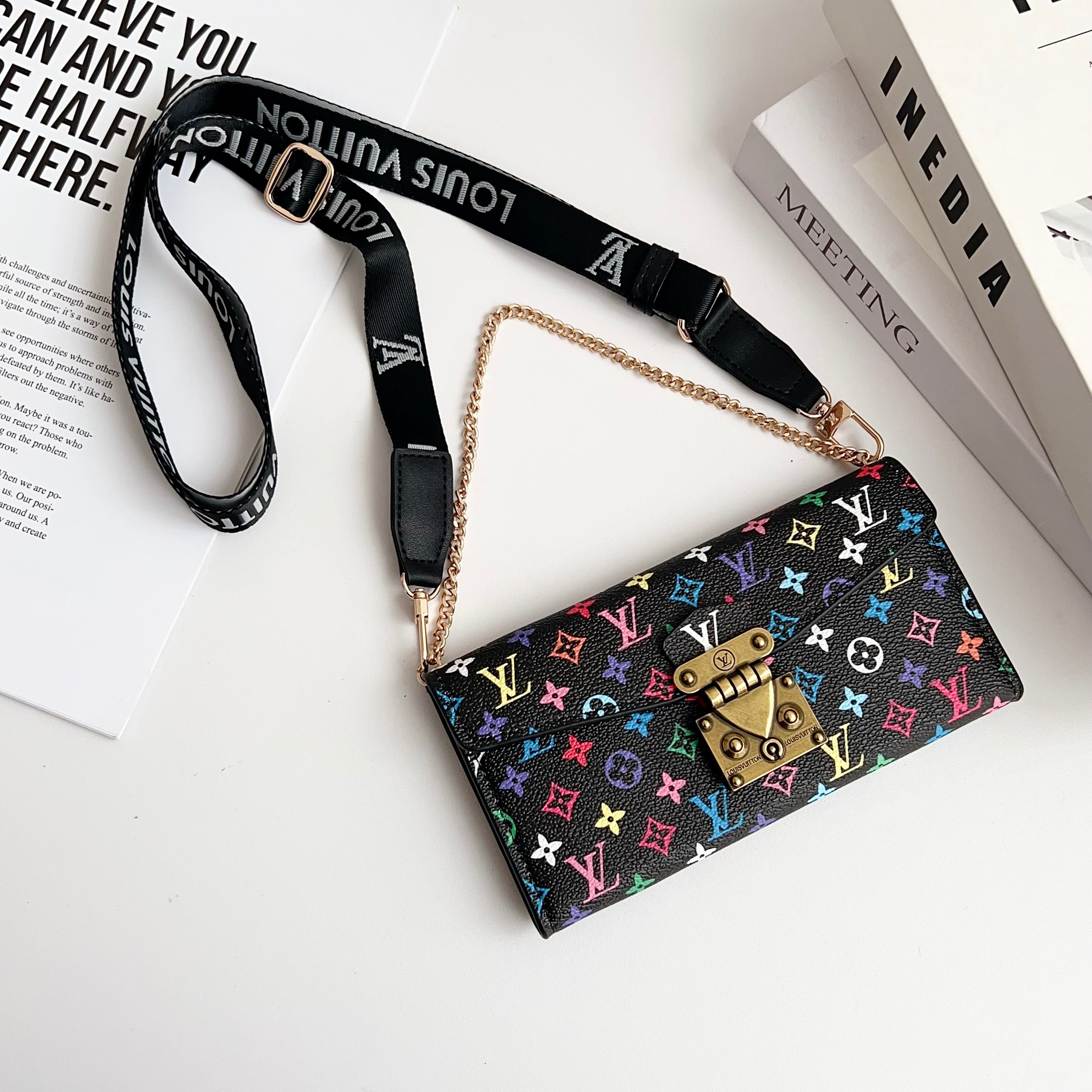 Premium Leather Folio Monogram iPhone Case With Wallet And Strap-CFMTY11