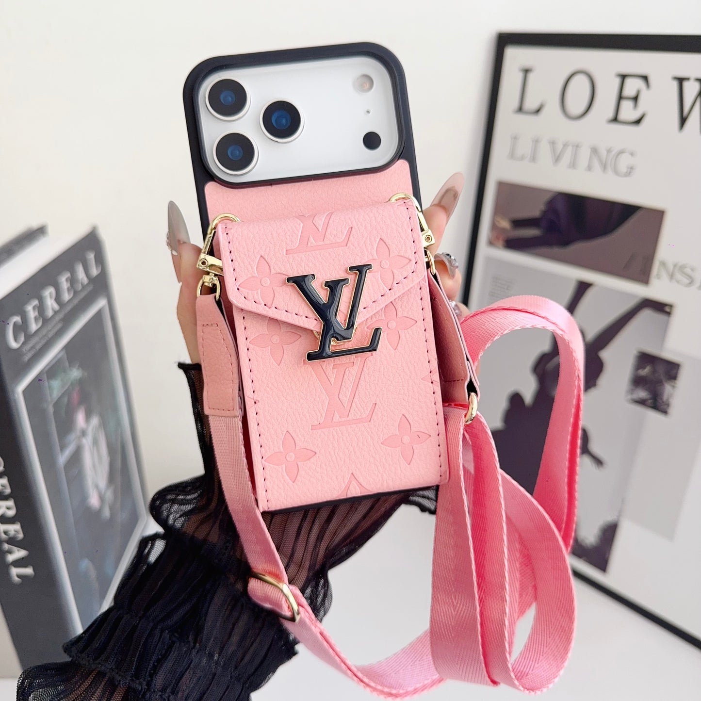 Leather Monogram iPhone Case With Card Holder And Strap -CFK251124