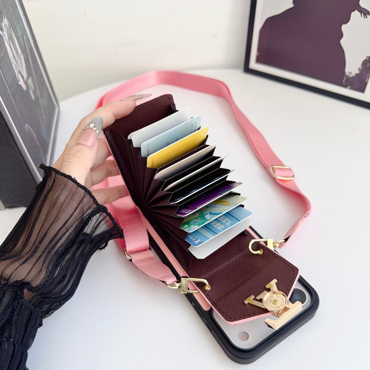 Leather Monogram iPhone Case With Card Holder And Strap -CFK251124