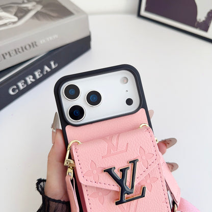 Leather Monogram iPhone Case With Card Holder And Strap -CFK251124