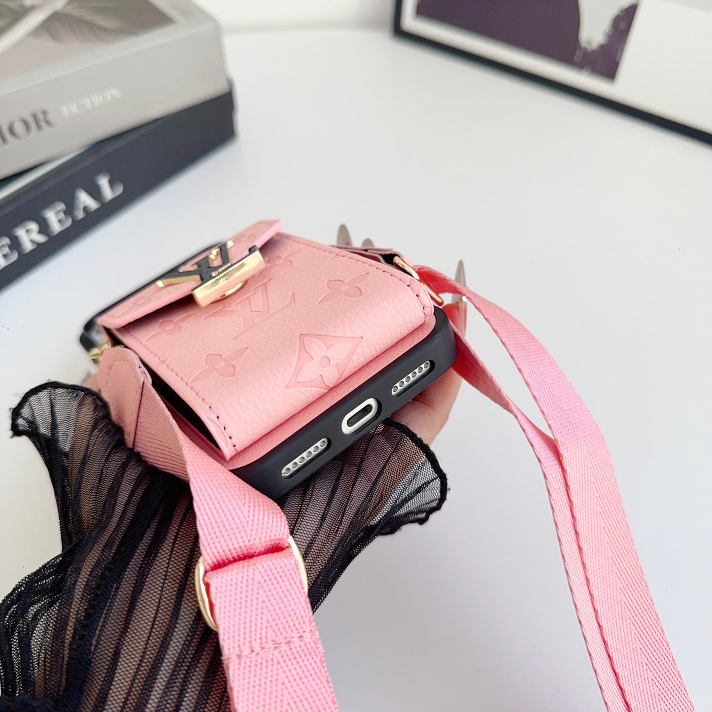 Leather Monogram iPhone Case With Card Holder And Strap -CFK251124