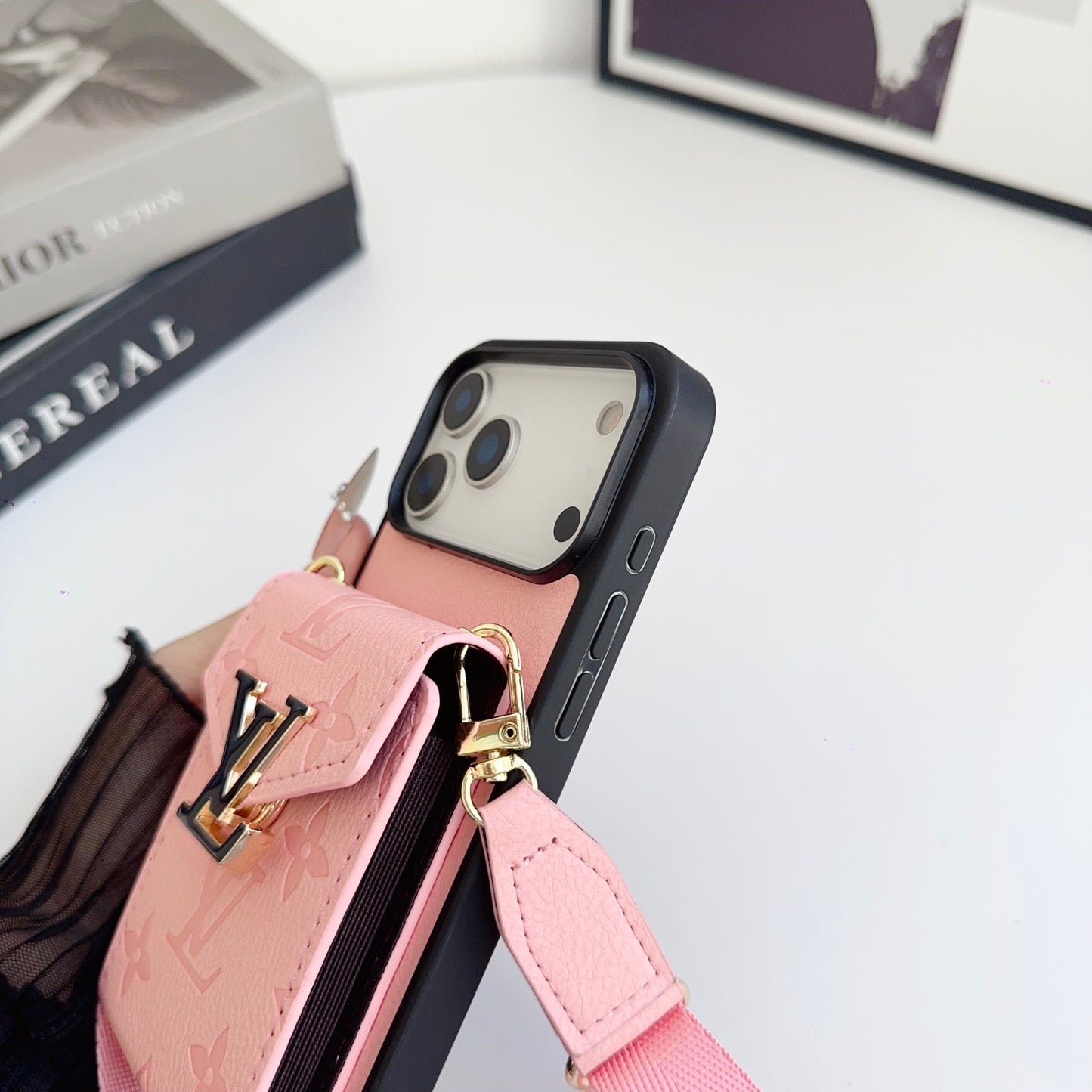 Leather Monogram iPhone Case With Card Holder And Strap -CFK251124