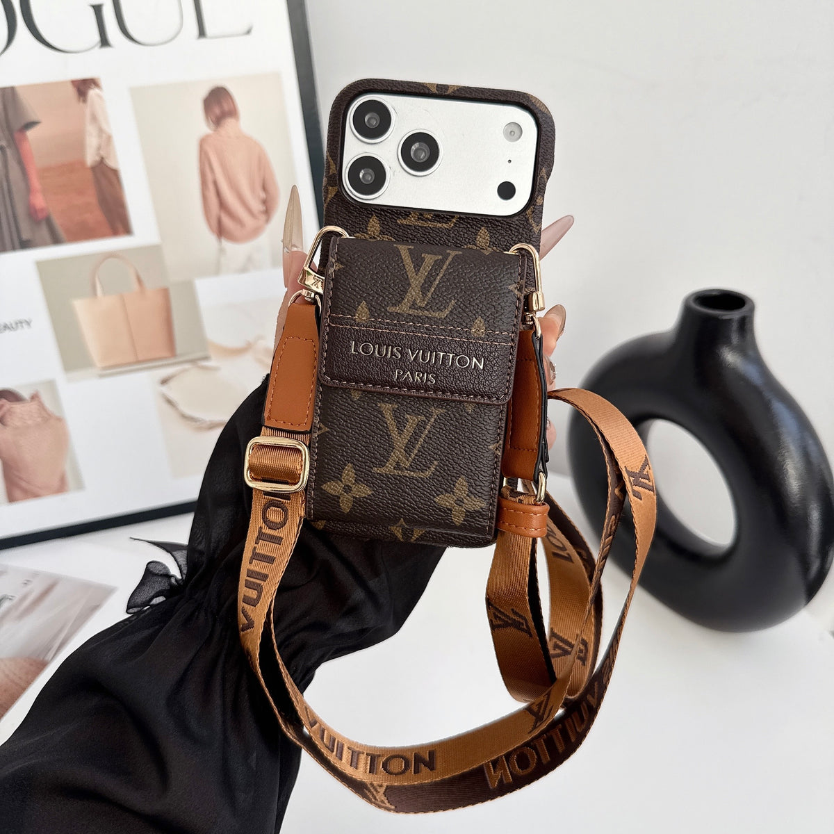 Classic Leather Monogram iPhone Case With Card Holder And Crossbody Strap For iPhone 17 Series-CYLV213