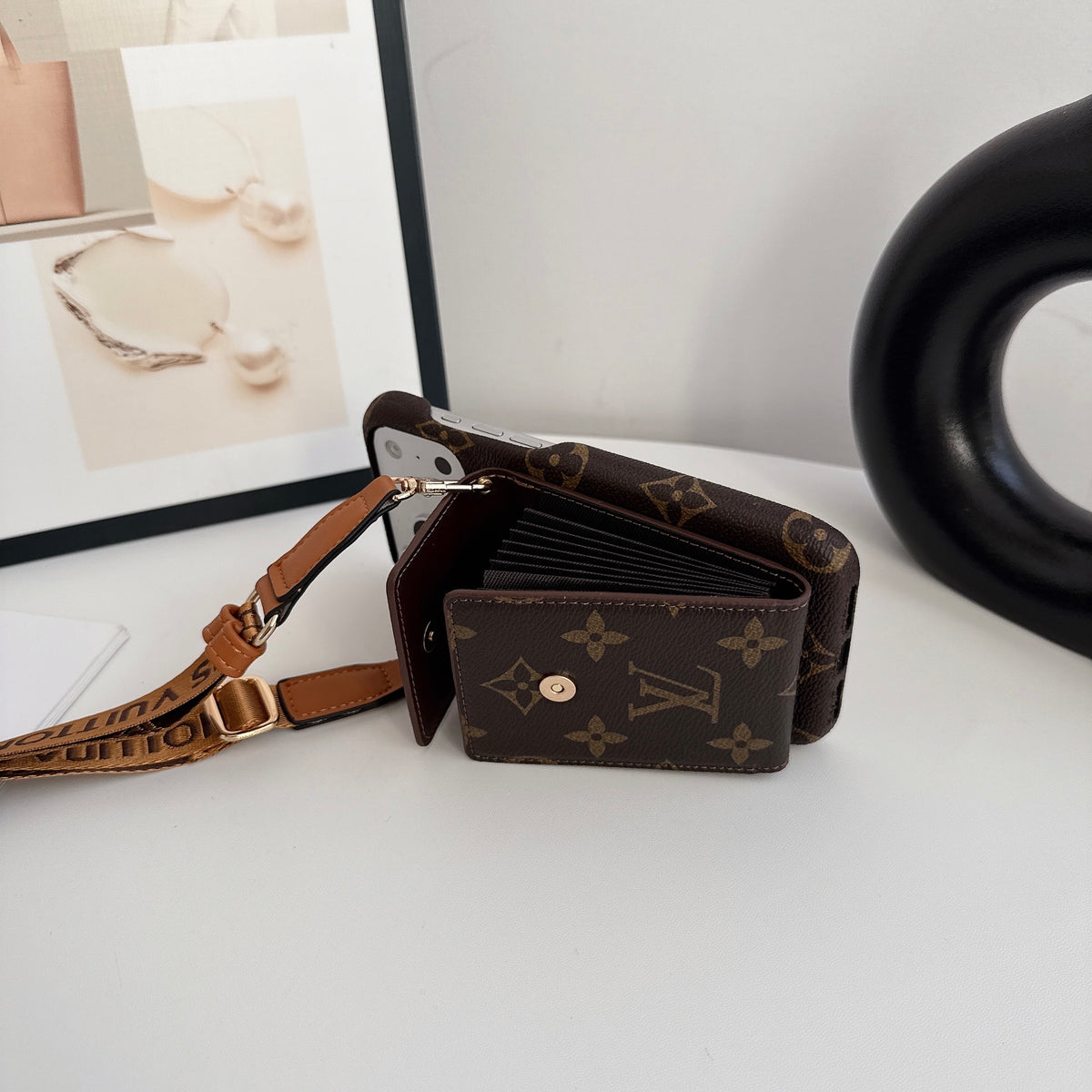 Classic Leather Monogram iPhone Case With Card Holder And Crossbody Strap For iPhone 17 Series-CYLV213