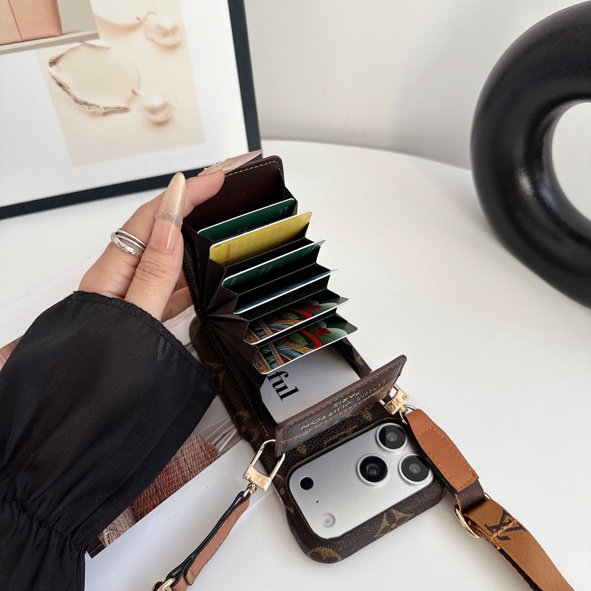Classic Leather Monogram iPhone Case With Card Holder And Crossbody Strap For iPhone 17 Series-CYLV213