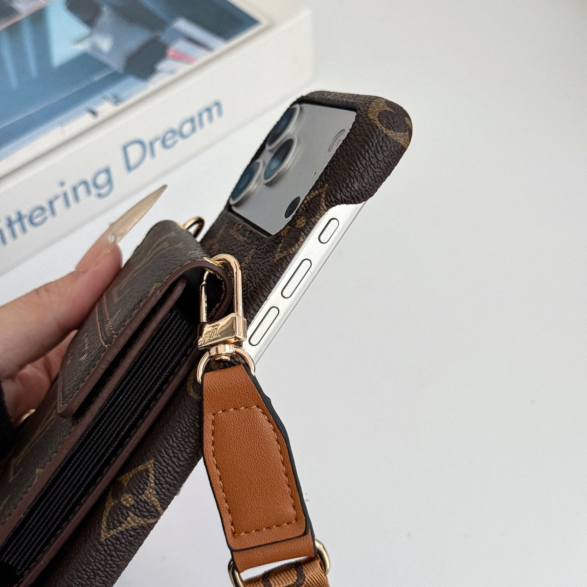 Classic Leather Monogram iPhone Case With Card Holder And Crossbody Strap For iPhone 17 Series-CYLV213