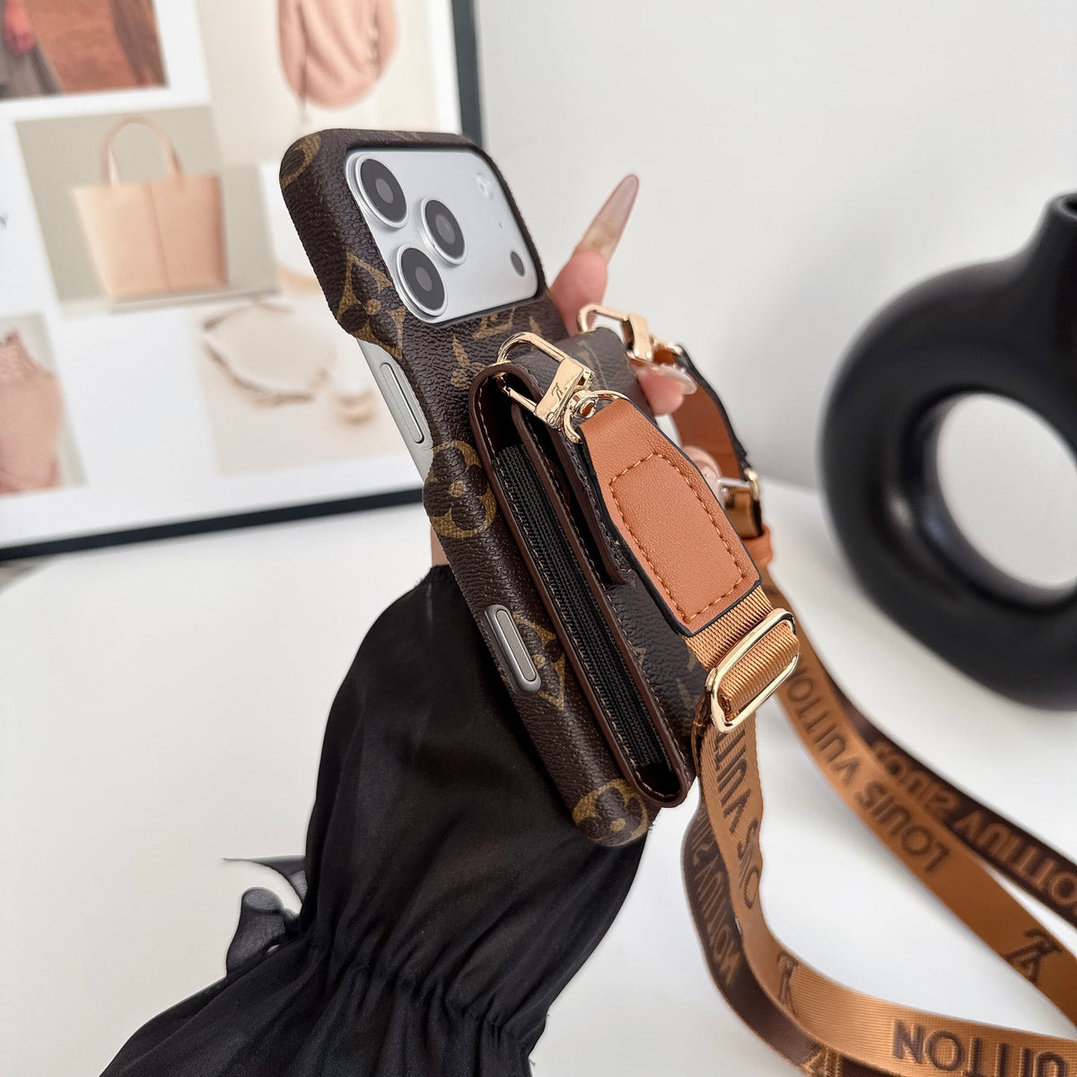 Classic Leather Monogram iPhone Case With Card Holder And Crossbody Strap For iPhone 17 Series-CYLV213