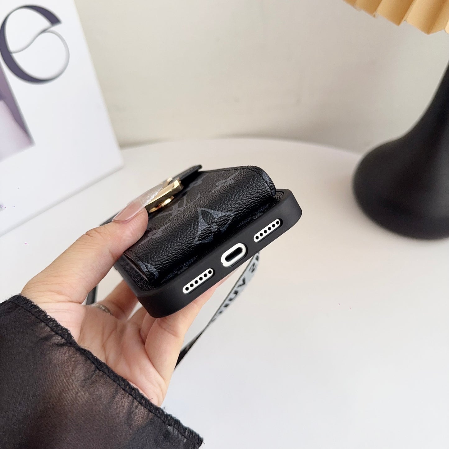 Classic Leather Monogram iPhone Case With Card Holder And Strap -CFK251126