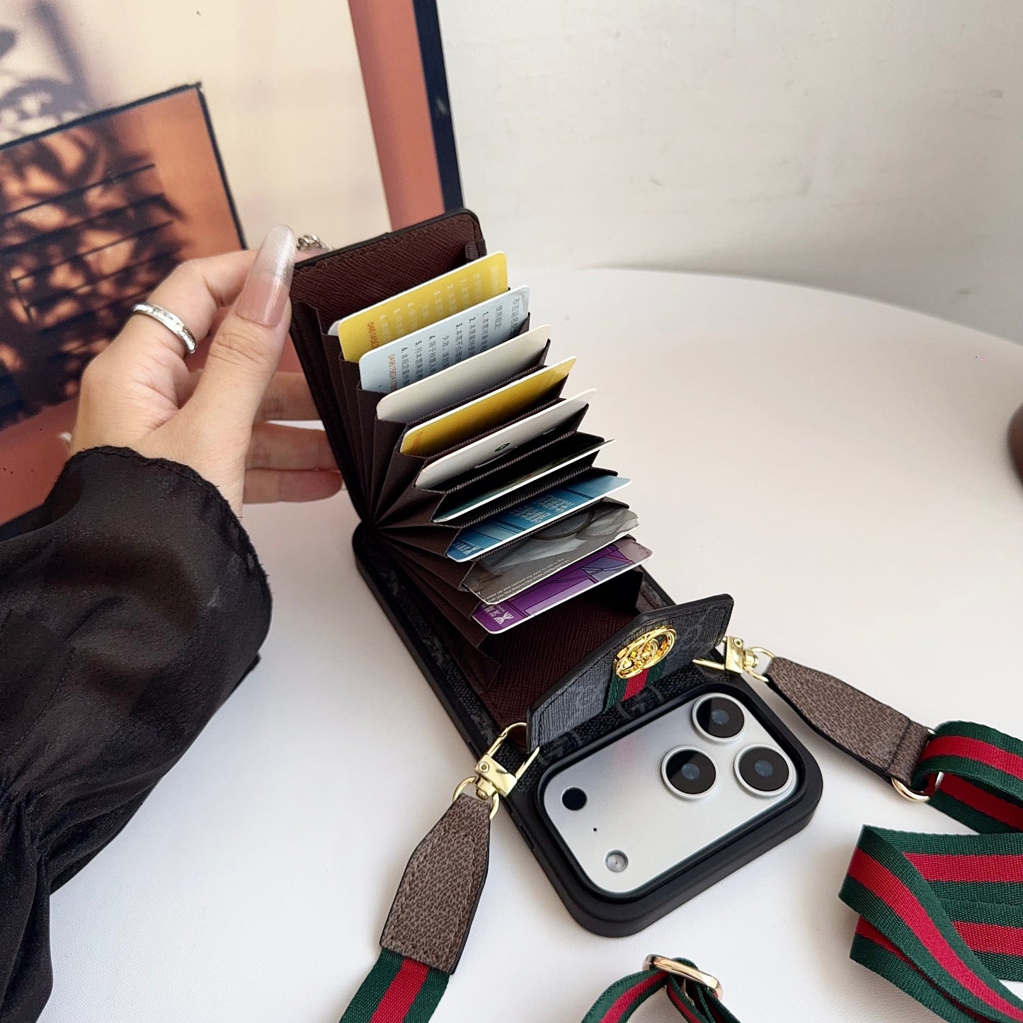 Classic Leather GG iPhone Case With Card Holder And Strap Black-CFK251106