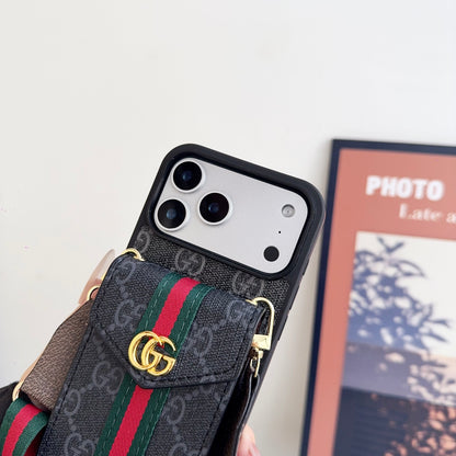 Classic Leather GG iPhone Case With Card Holder And Strap Black-CFK251106