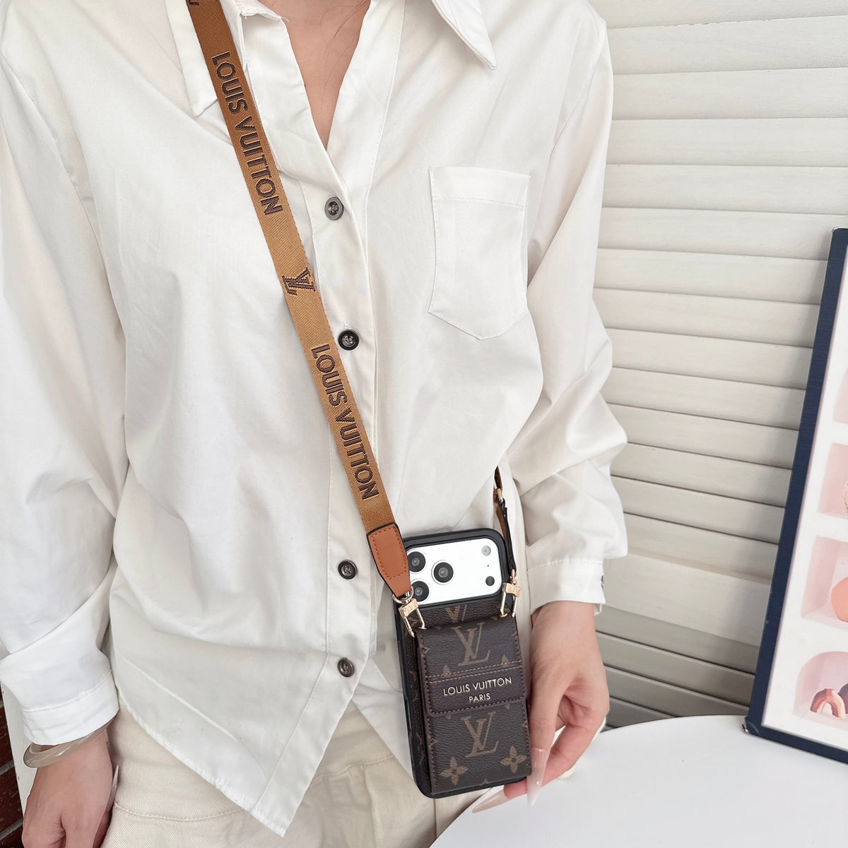 Luxury Leather Monogram iPhone Case With Card Holder And Crossbody Strap For iPhone 17 Series-CYLV214