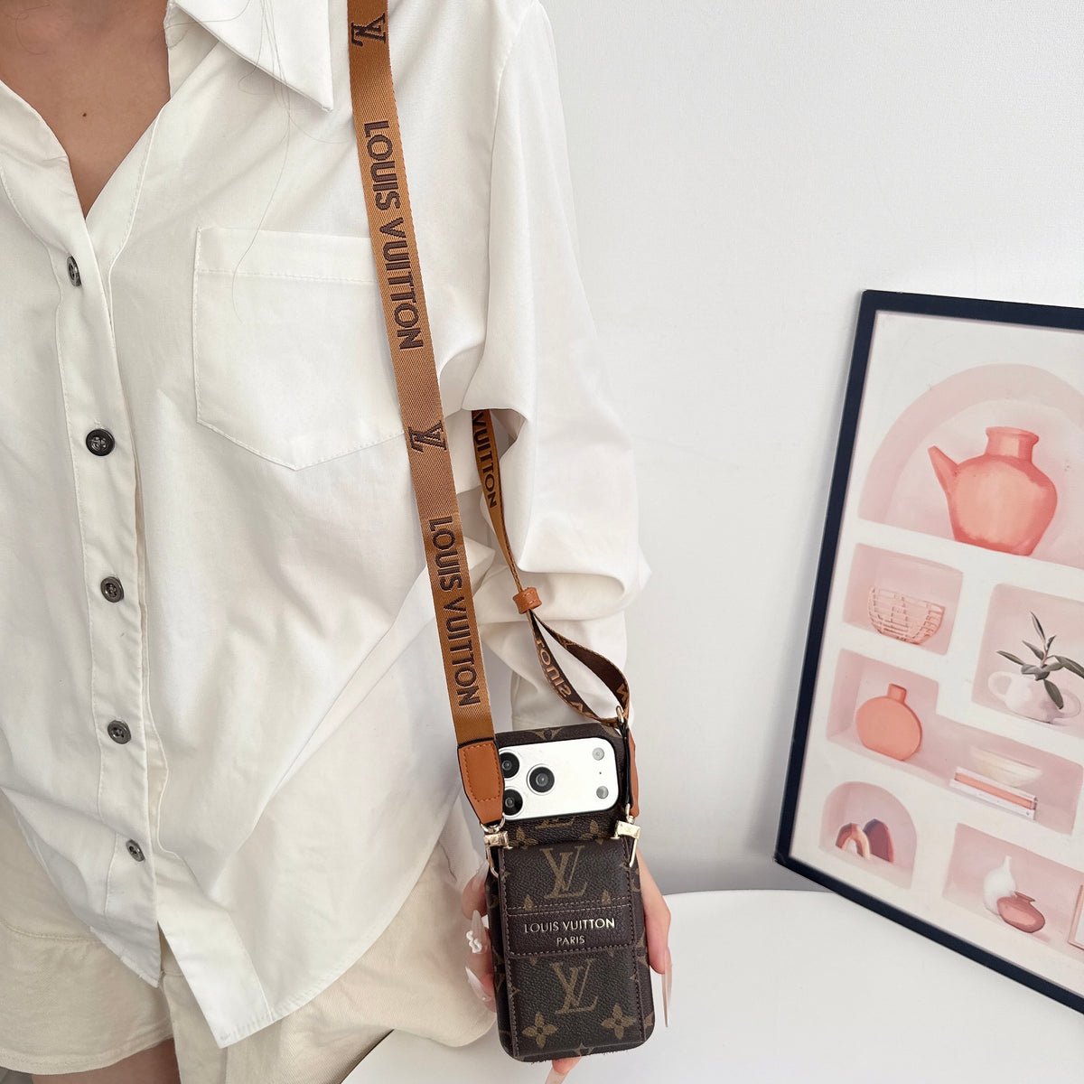 Classic Leather Monogram iPhone Case With Card Holder And Crossbody Strap For iPhone 17 Series-CYLV213