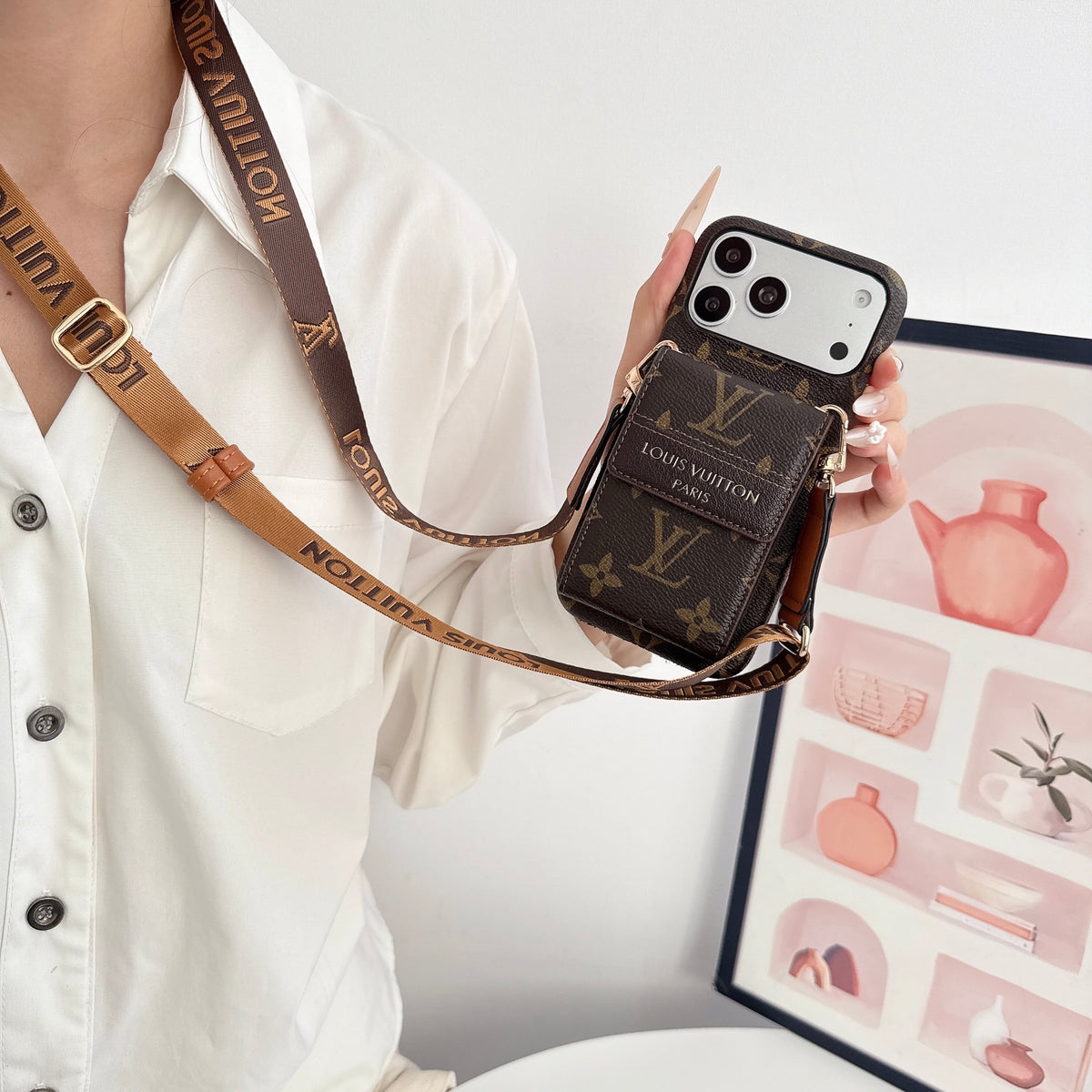 Classic Leather Monogram iPhone Case With Card Holder And Crossbody Strap For iPhone 17 Series-CYLV213